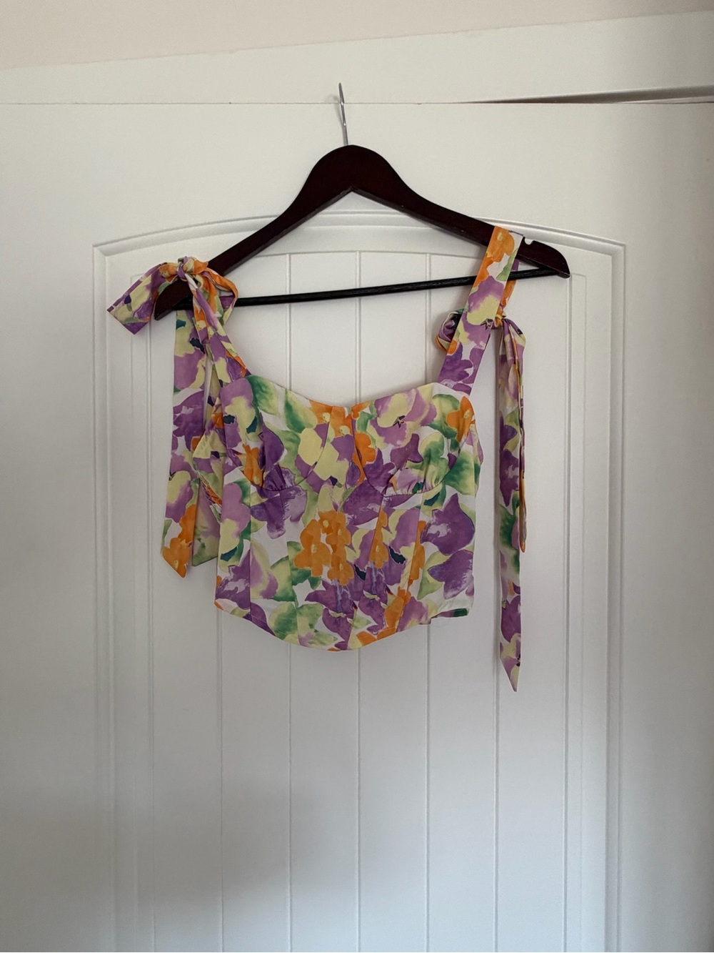 Floral Tie-Shoulder Crop Top in Purple & Yellow